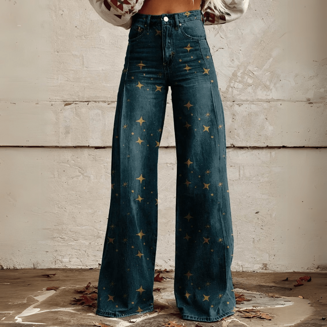 Women's High-Waist Wide-Leg Jeans with Trendy Print