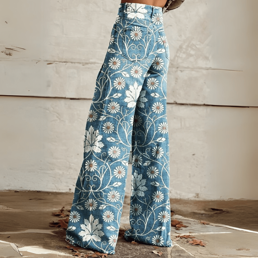 Women's High-Waist Wide-Leg Jeans with Trendy Print