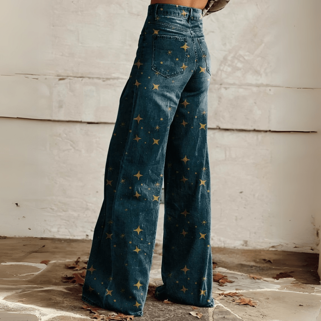 Women's High-Waist Wide-Leg Jeans with Trendy Print