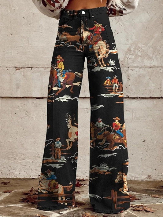 Women's High-Waist Wide-Leg Western Print Jeans