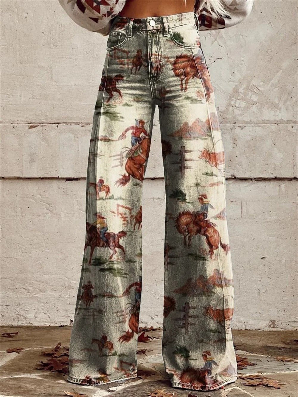 Women's High-Waist Wide-Leg Western Print Jeans