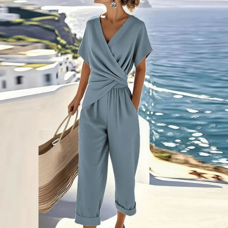 Women's Jumpsuit with Waist Accent and Elegant Wrap Front