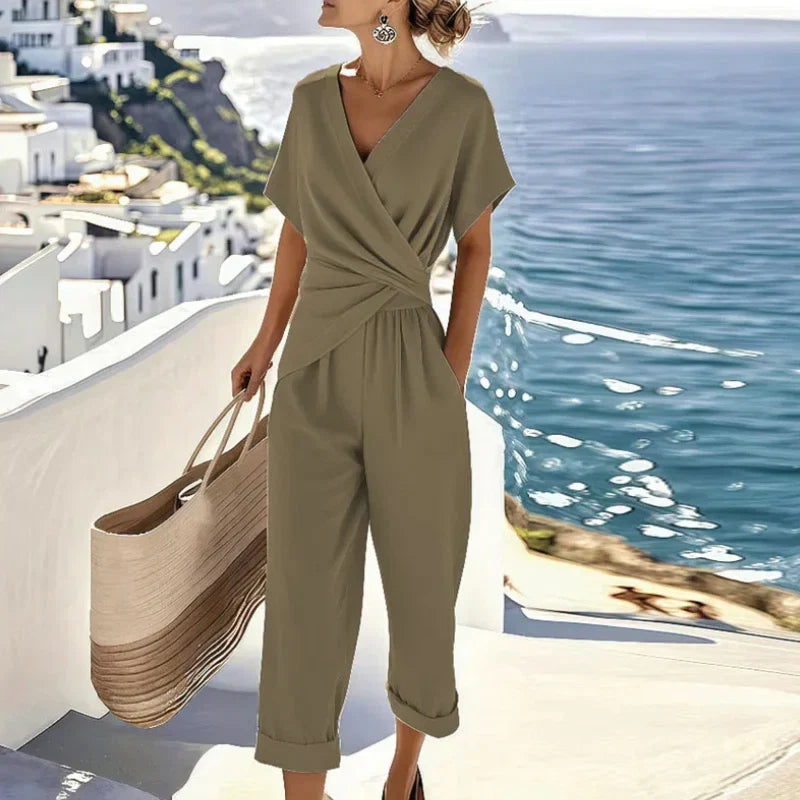 Women's Jumpsuit with Waist Accent and Elegant Wrap Front
