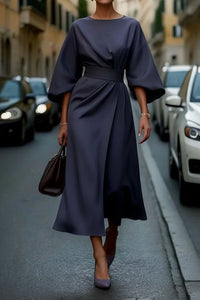 Women's Lantern-Sleeve Waist-Cinching Midi Cocktail Dress