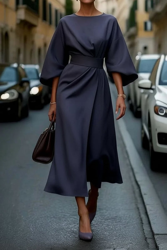 Women's Lantern-Sleeve Waist-Cinching Midi Cocktail Dress