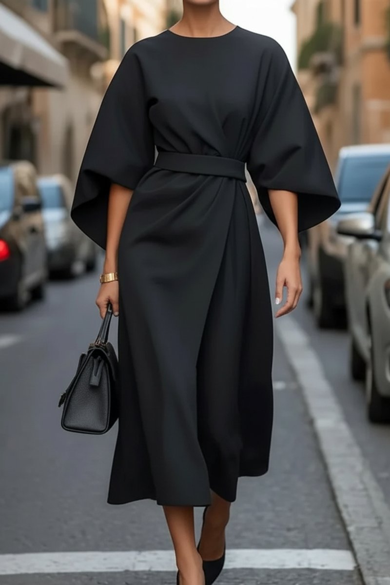 Women's Lantern-Sleeve Waist-Cinching Midi Cocktail Dress