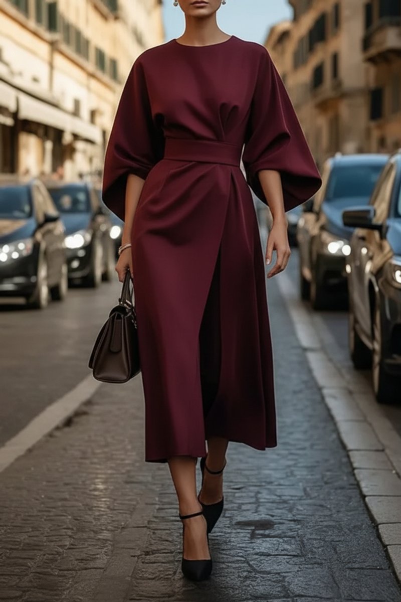 Women's Lantern-Sleeve Waist-Cinching Midi Cocktail Dress