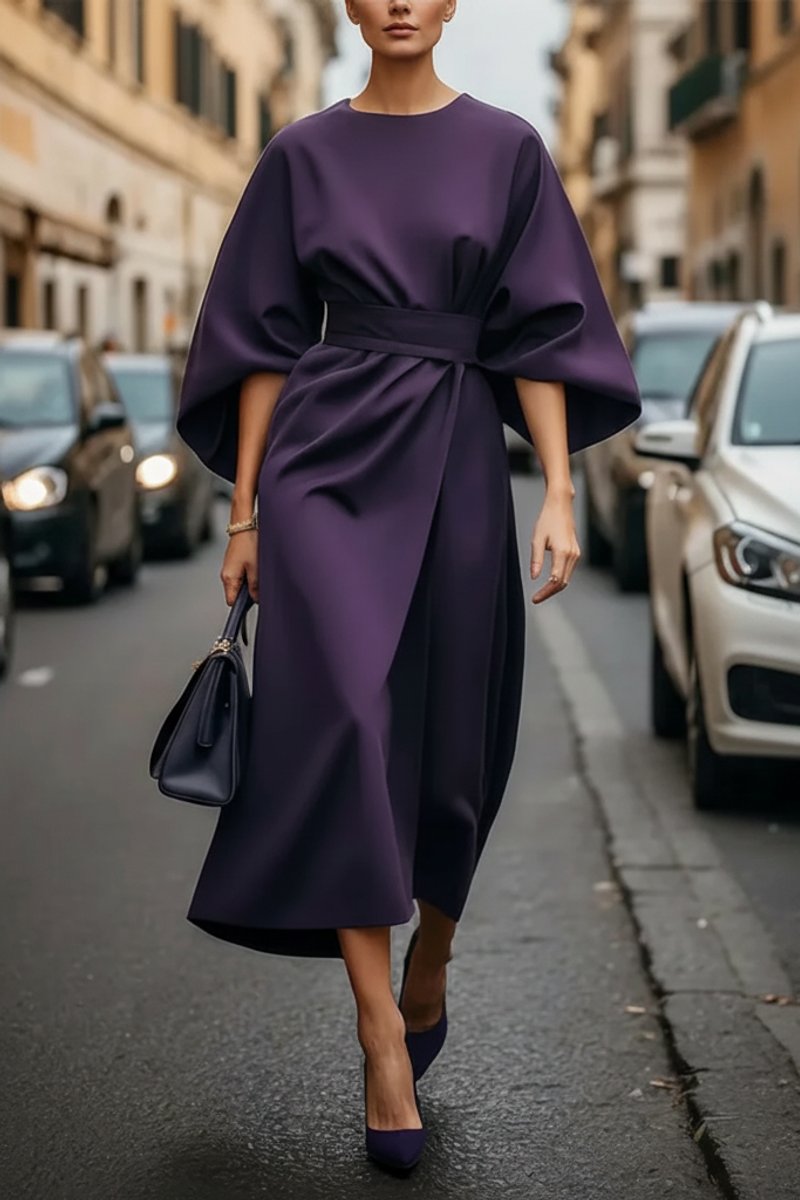 Women's Lantern-Sleeve Waist-Cinching Midi Cocktail Dress
