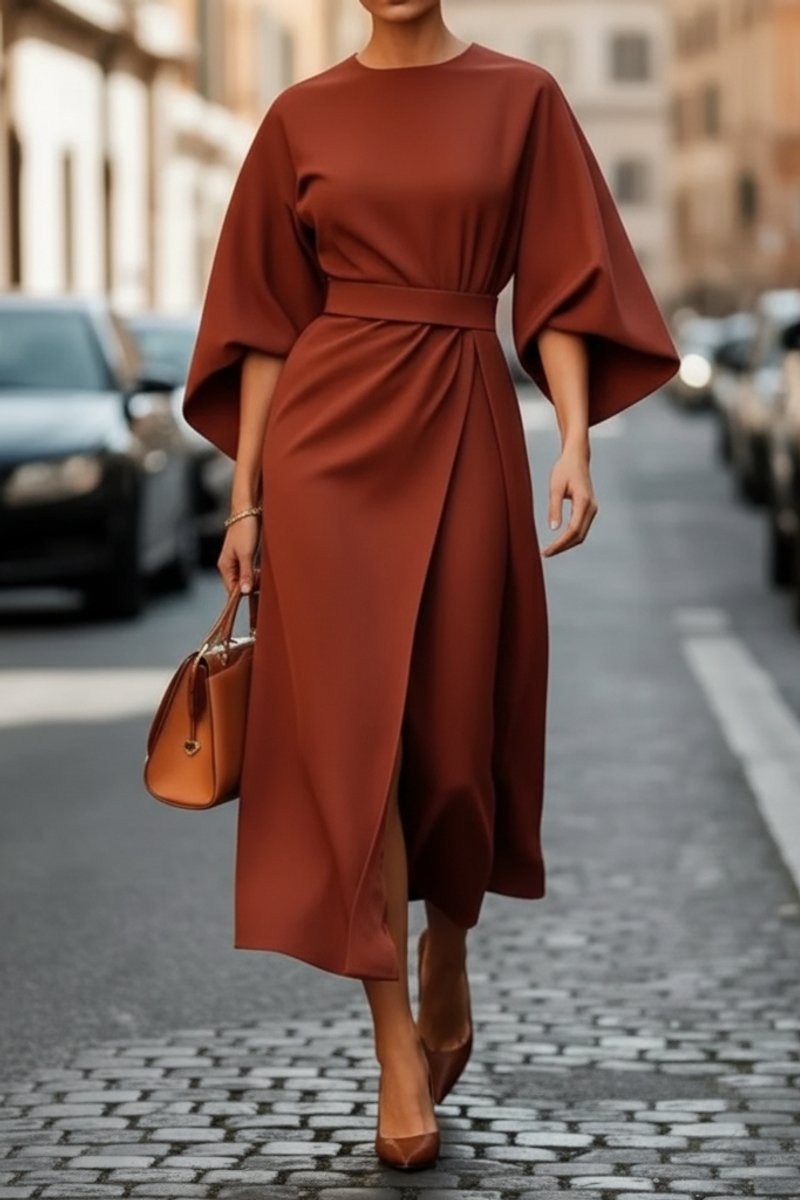 Women's Lantern-Sleeve Waist-Cinching Midi Cocktail Dress