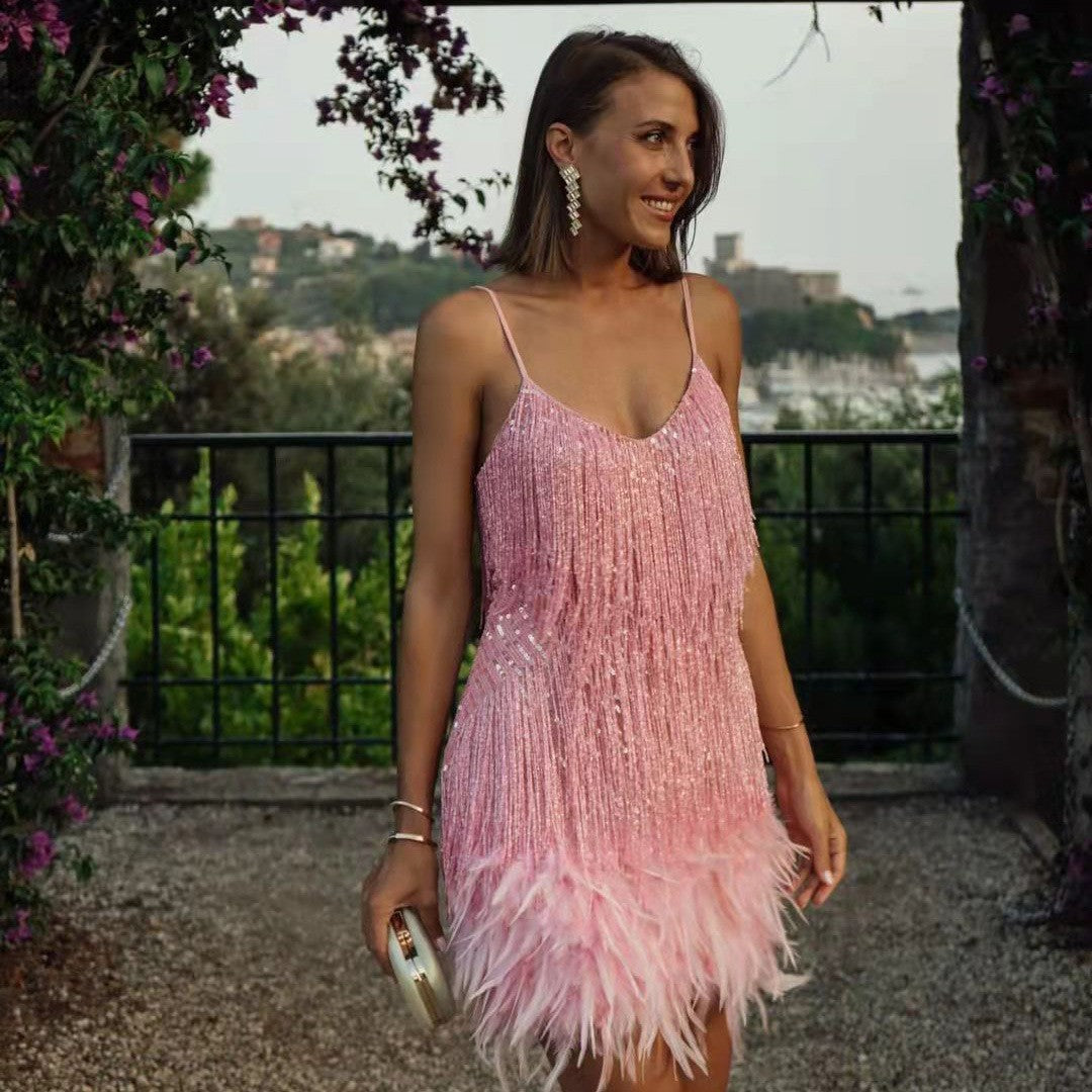 Women's Lightweight Sequin and Feather Midi Dress
