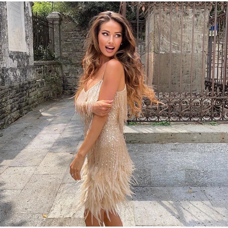 Women's Lightweight Sequin and Feather Midi Dress