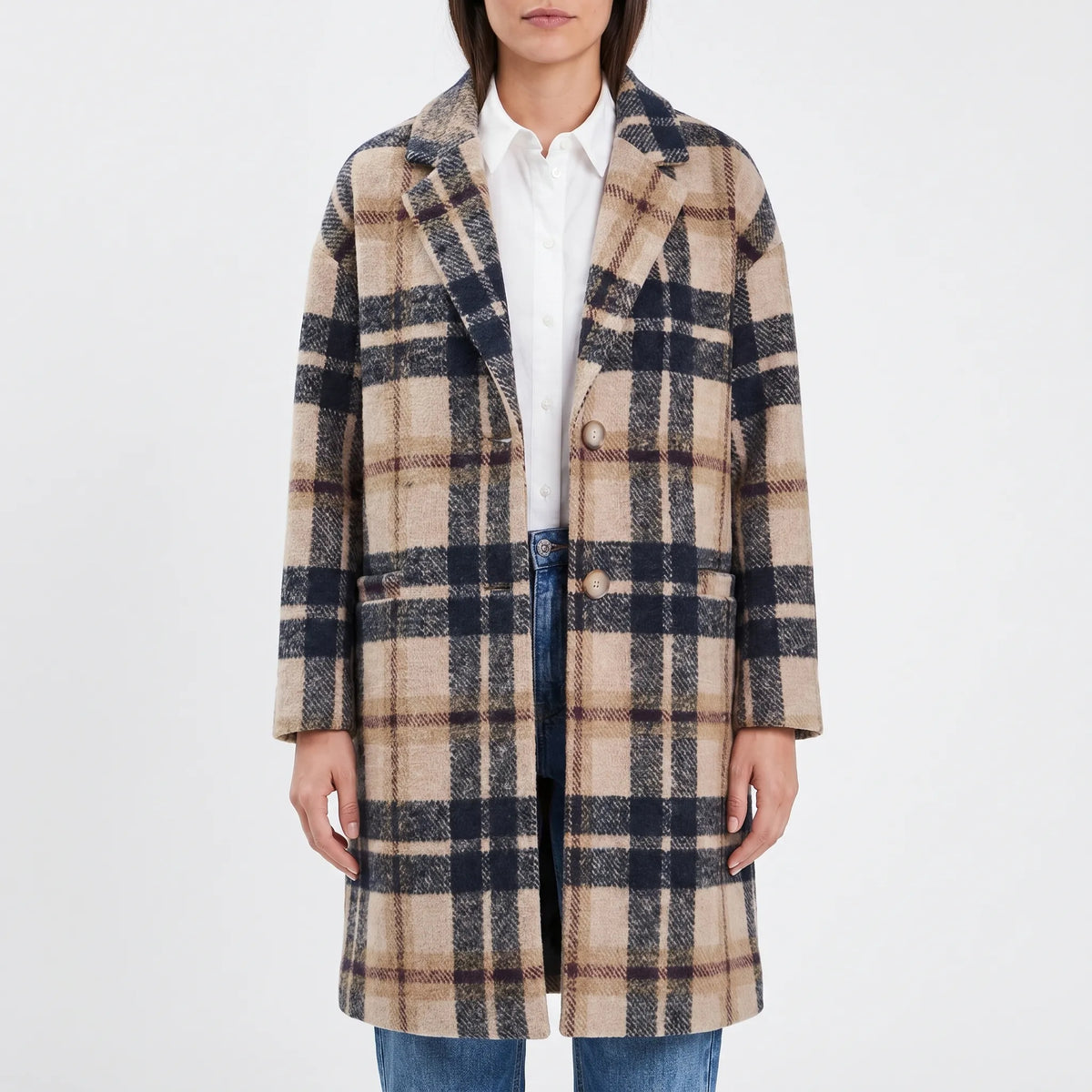 Women's Long Plaid Lapel Coat