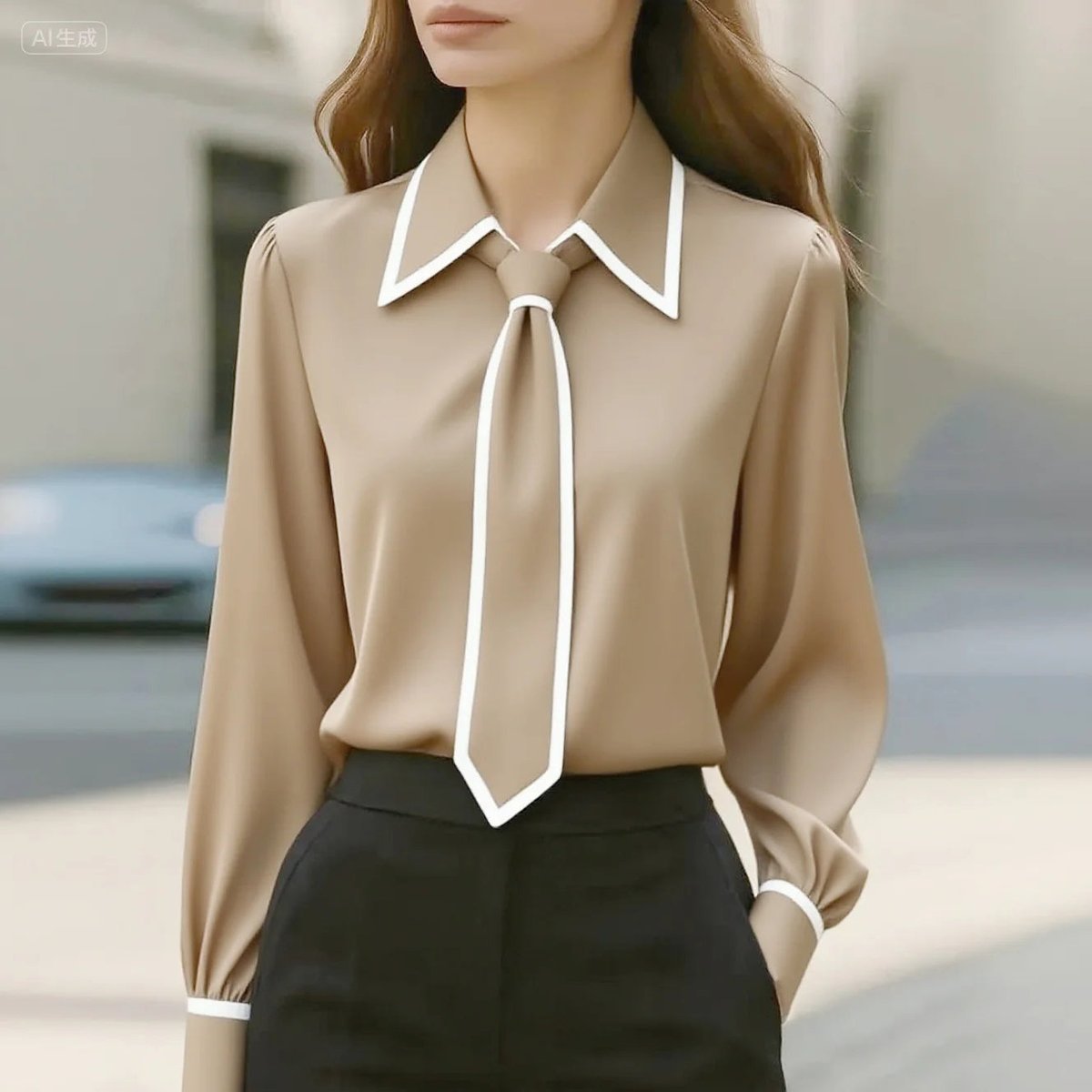 Women's Long Sleeve Contrast Trim Tie Neck Button-Down Blouse
