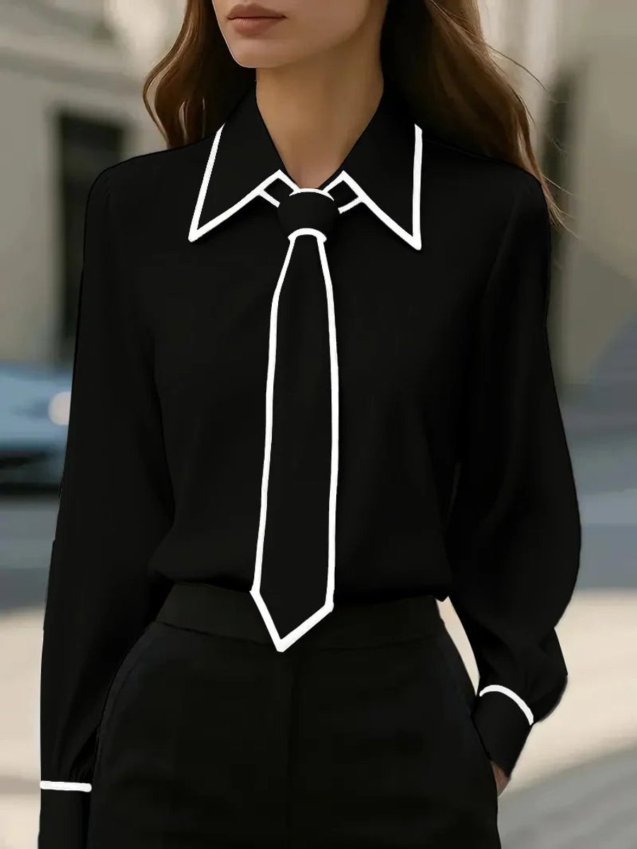 Women's Long Sleeve Contrast Trim Tie Neck Button-Down Blouse