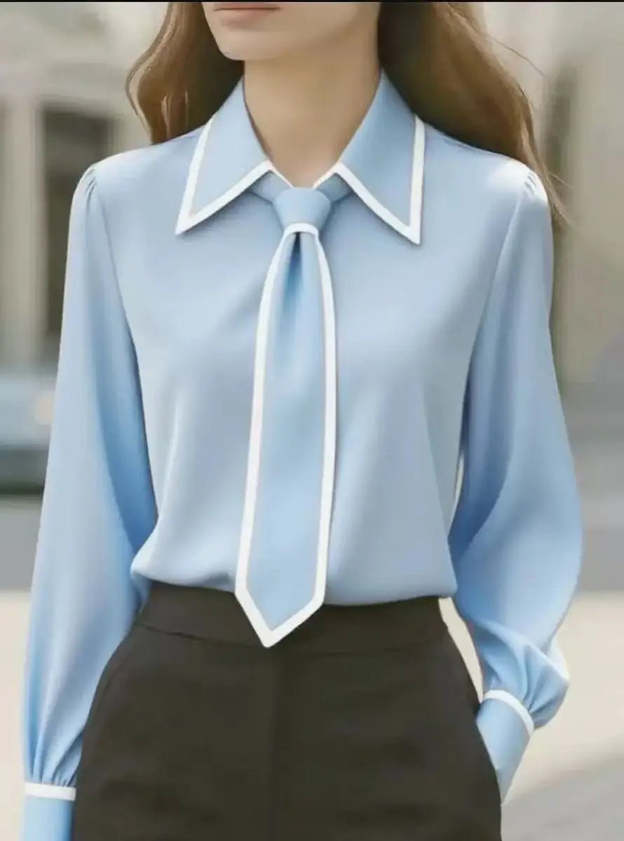 Women's Long Sleeve Contrast Trim Tie Neck Button-Down Blouse
