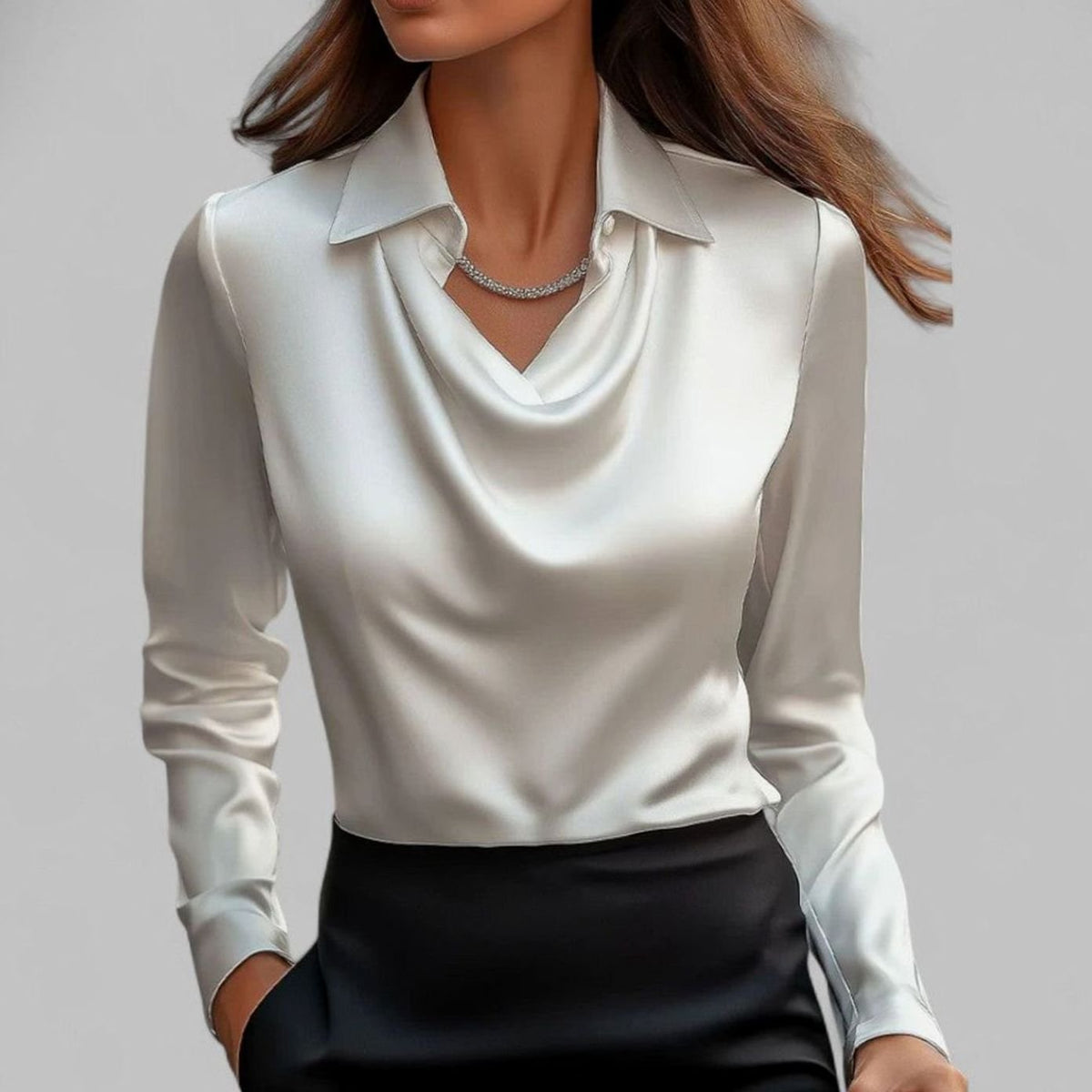 Women's Long Sleeve Draped-Neck Collared Blouse