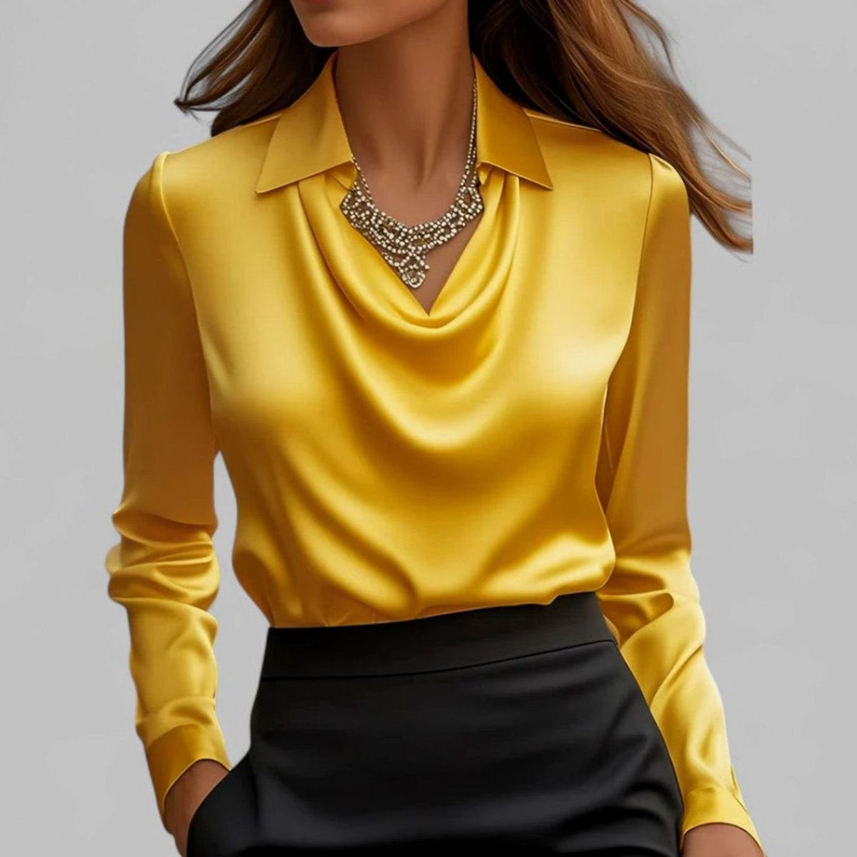 Women's Long Sleeve Draped-Neck Collared Blouse