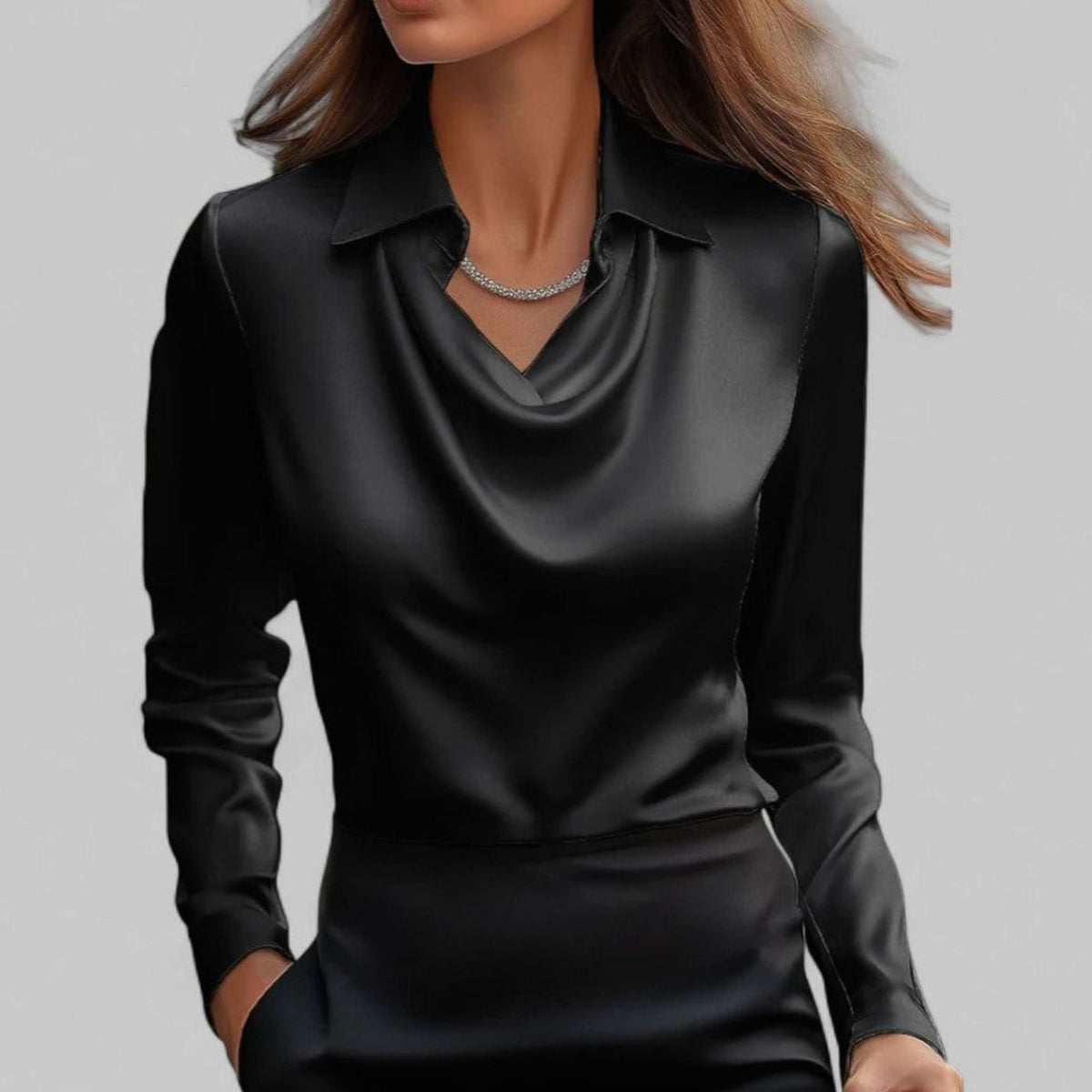 Women's Long Sleeve Draped-Neck Collared Blouse
