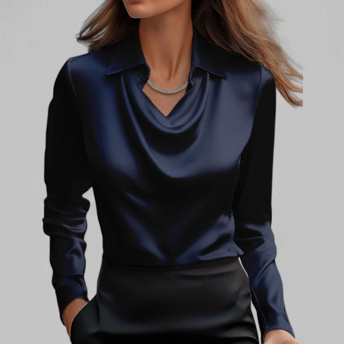 Women's Long Sleeve Draped-Neck Collared Blouse