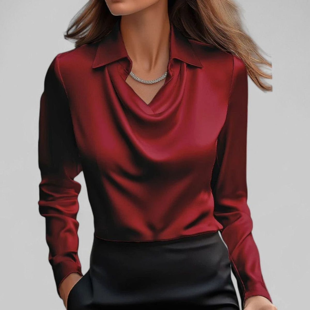 Women's Long Sleeve Draped-Neck Collared Blouse
