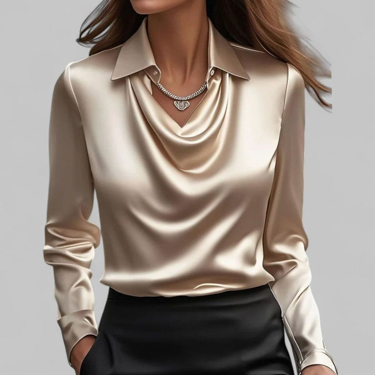 Women's Long Sleeve Draped-Neck Collared Blouse
