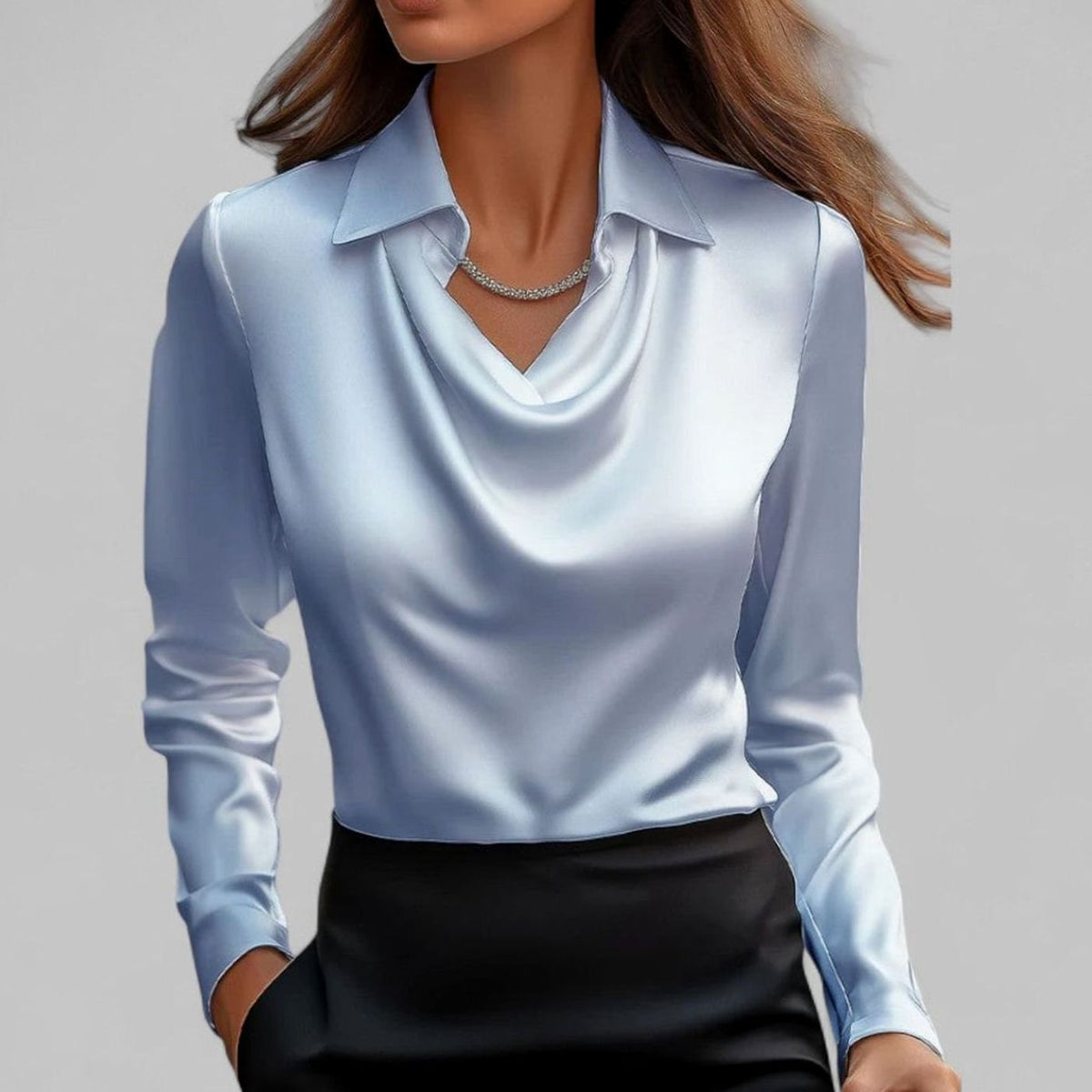 Women's Long Sleeve Draped-Neck Collared Blouse