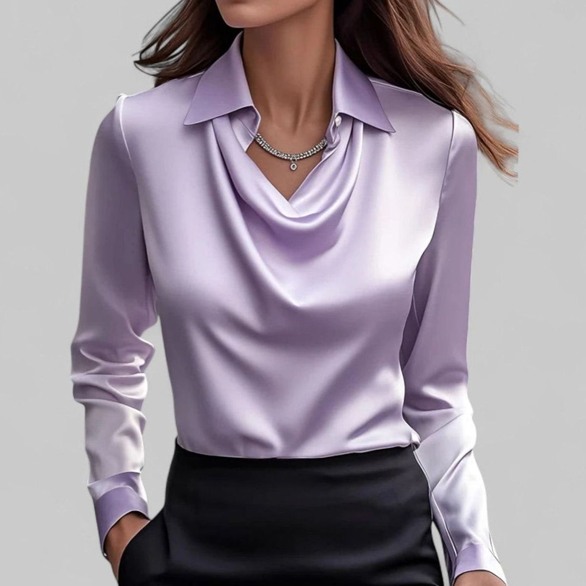 Women's Long Sleeve Draped-Neck Collared Blouse