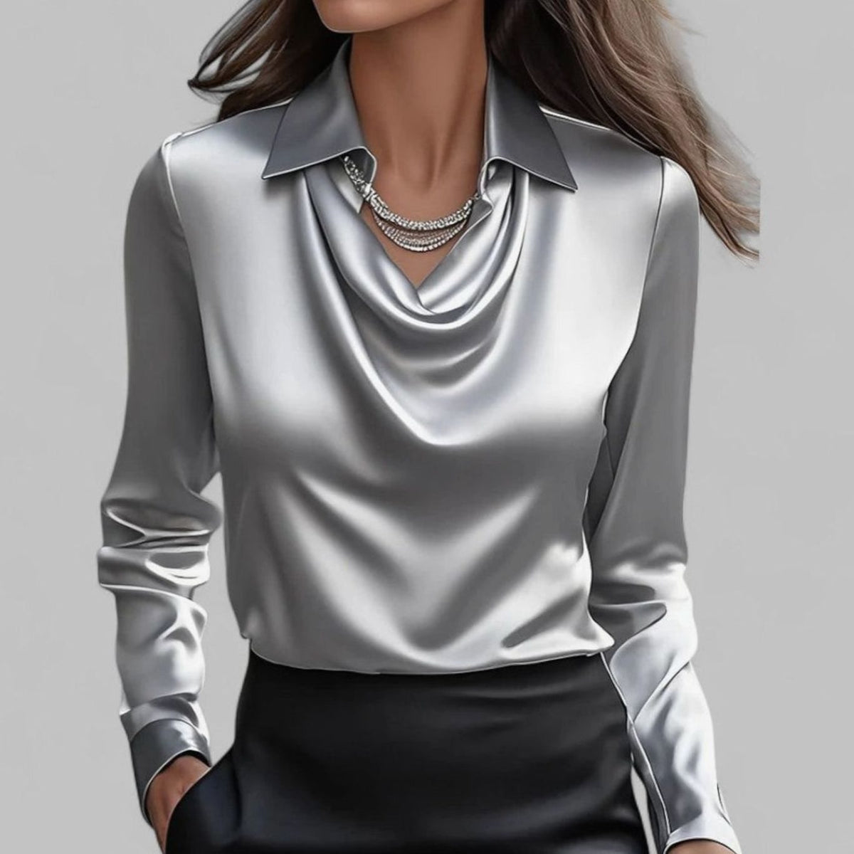 Women's Long Sleeve Draped-Neck Collared Blouse