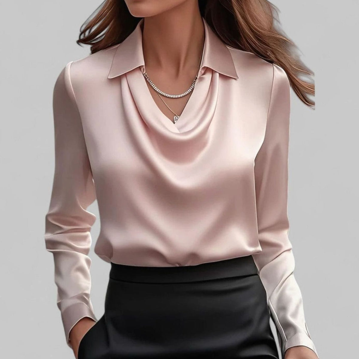 Women's Long Sleeve Draped-Neck Collared Blouse