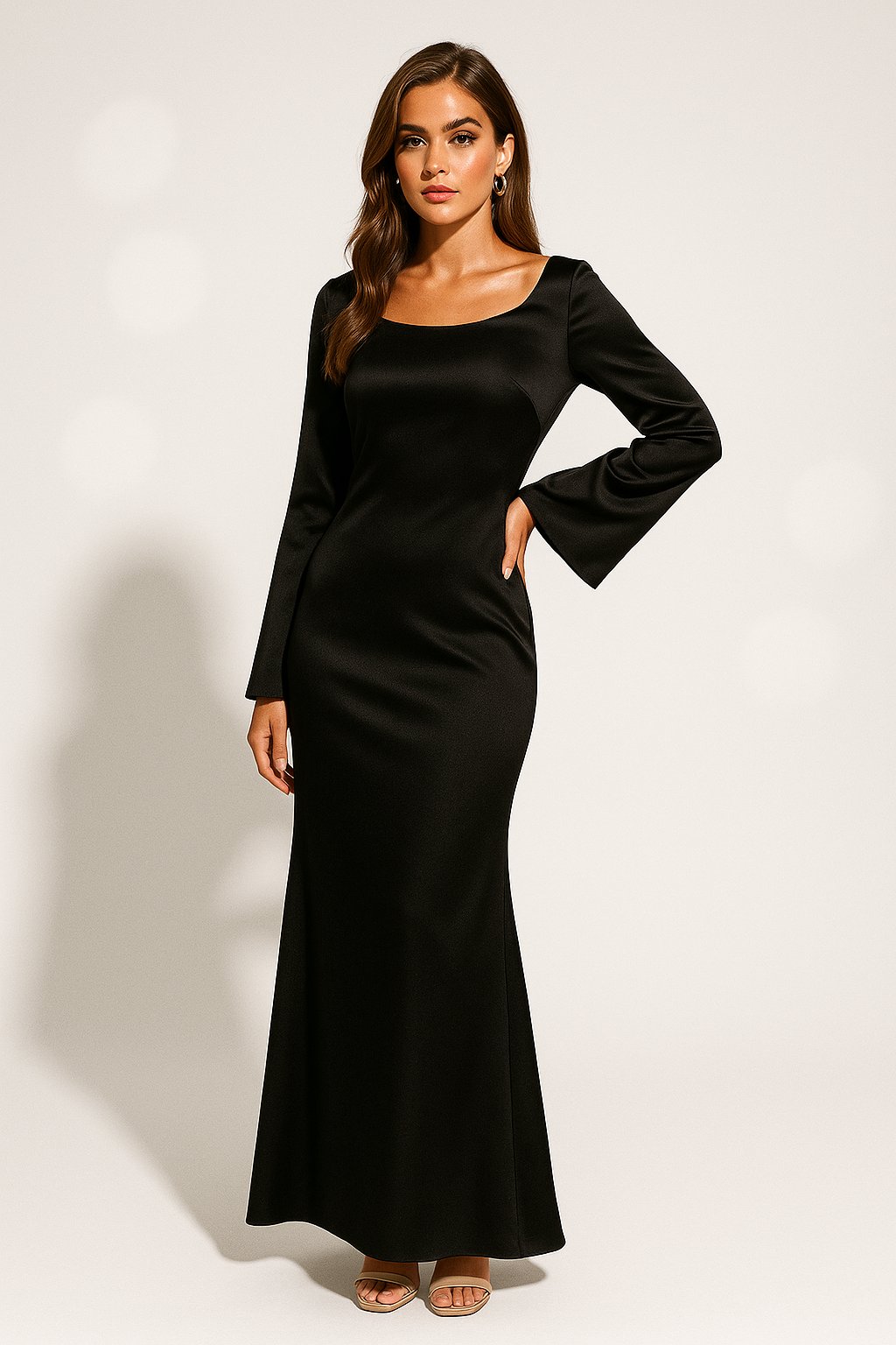 Women's Long-Sleeve Scoop-Neck Fishtail Maxi Dress