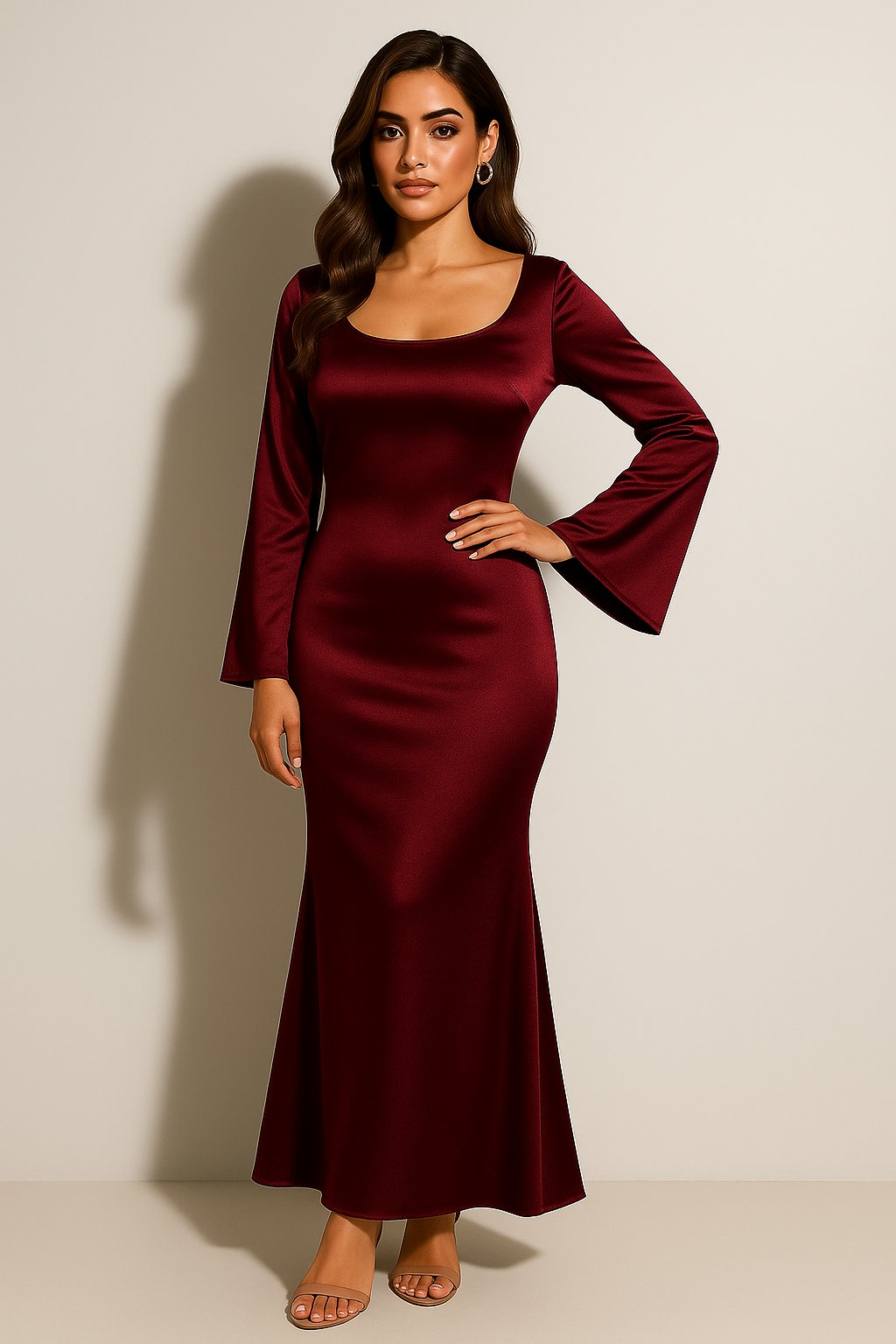 Women's Long-Sleeve Scoop-Neck Fishtail Maxi Dress