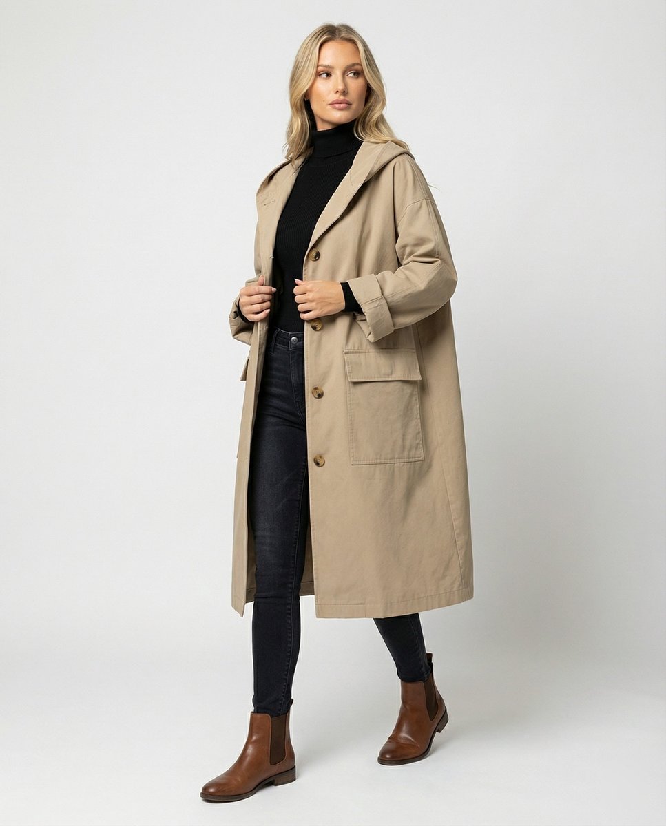 Women's Long Waterproof Windproof Hooded Trench Coat