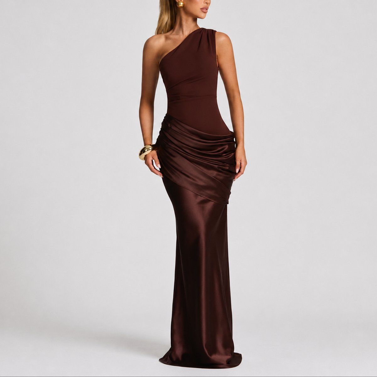 Women's One-Shoulder Draped Maxi Fall Wedding Guest Dress