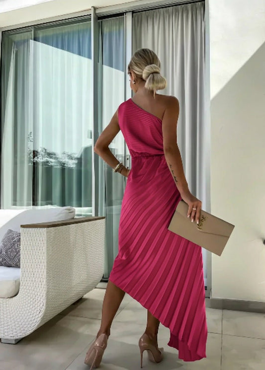 Women's One-Shoulder Pleated Midi Dress with 3D Floral Detail