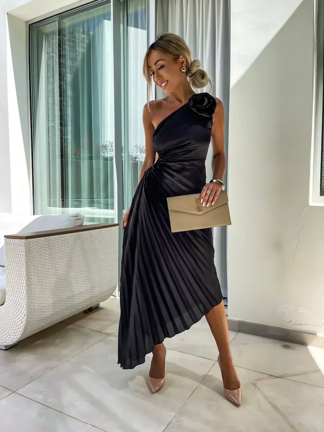 Women's One-Shoulder Pleated Midi Dress with 3D Floral Detail