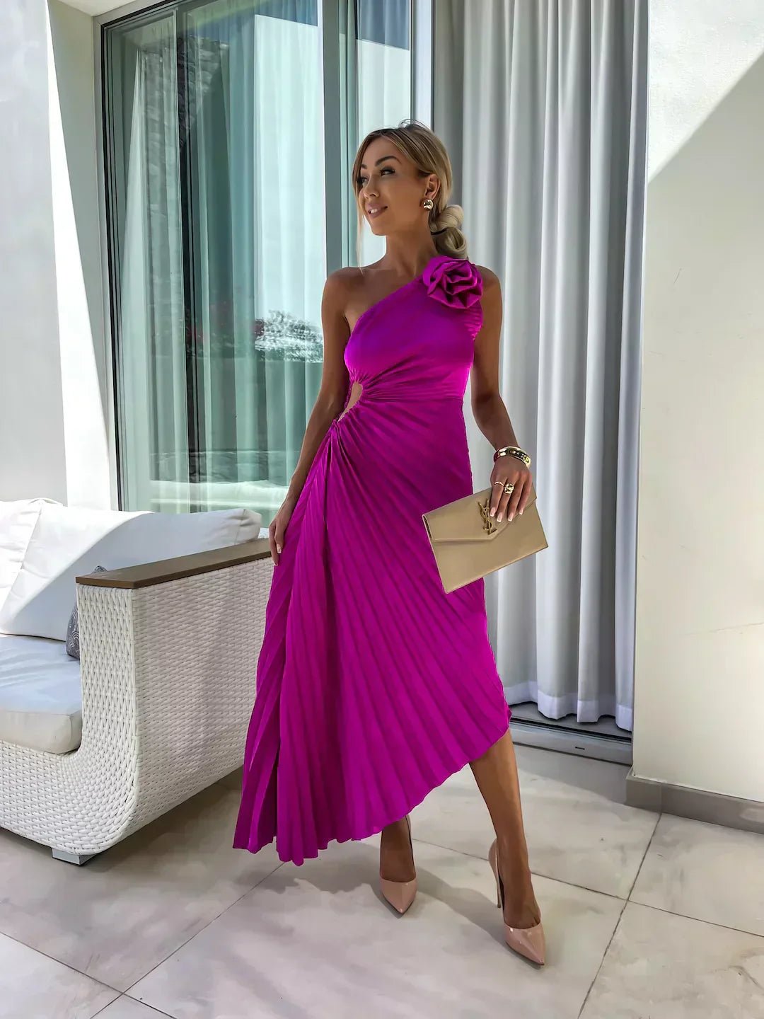 Women's One-Shoulder Pleated Midi Dress with 3D Floral Detail