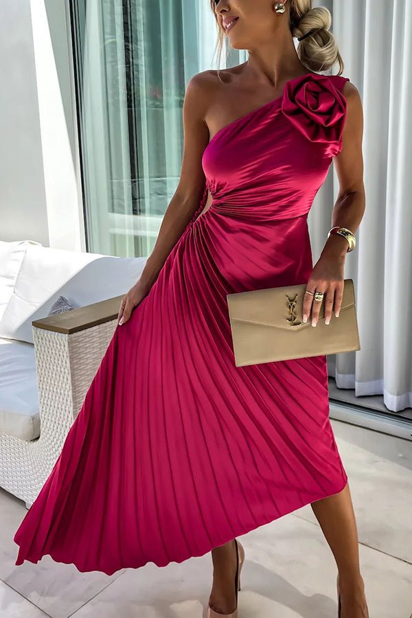 Women's One-Shoulder Pleated Midi Dress with 3D Floral Detail