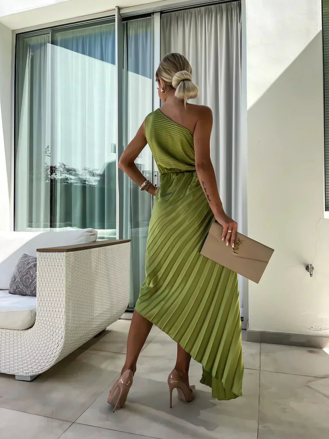 Women's One-Shoulder Pleated Midi Dress with 3D Floral Detail