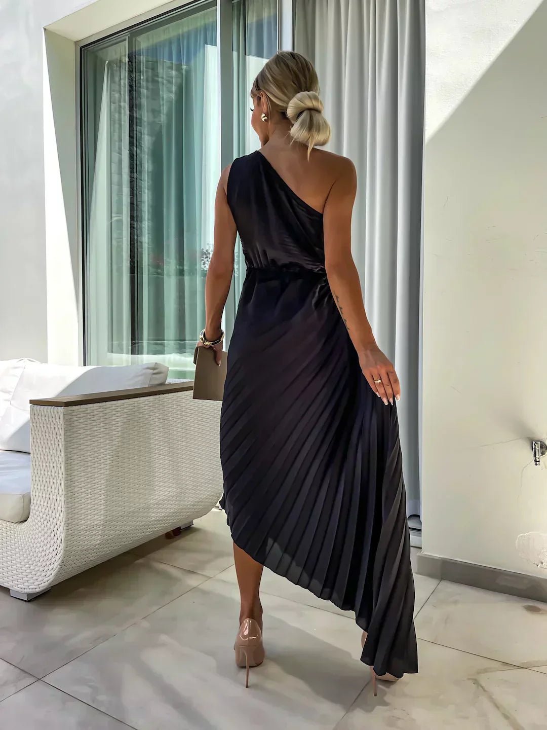Women's One-Shoulder Pleated Midi Dress with 3D Floral Detail