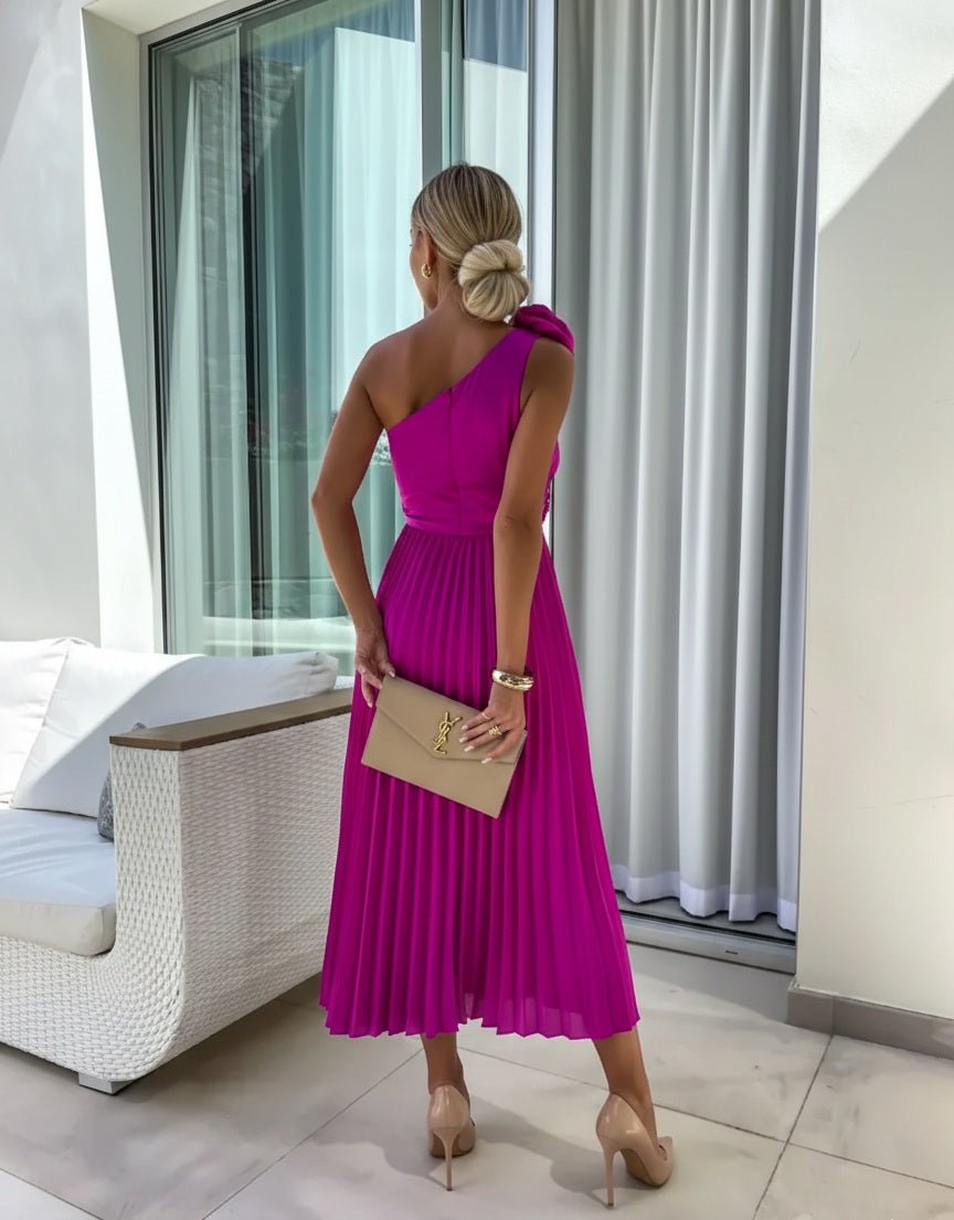 Women's One-Shoulder Pleated Midi Dress with 3D Floral Detail