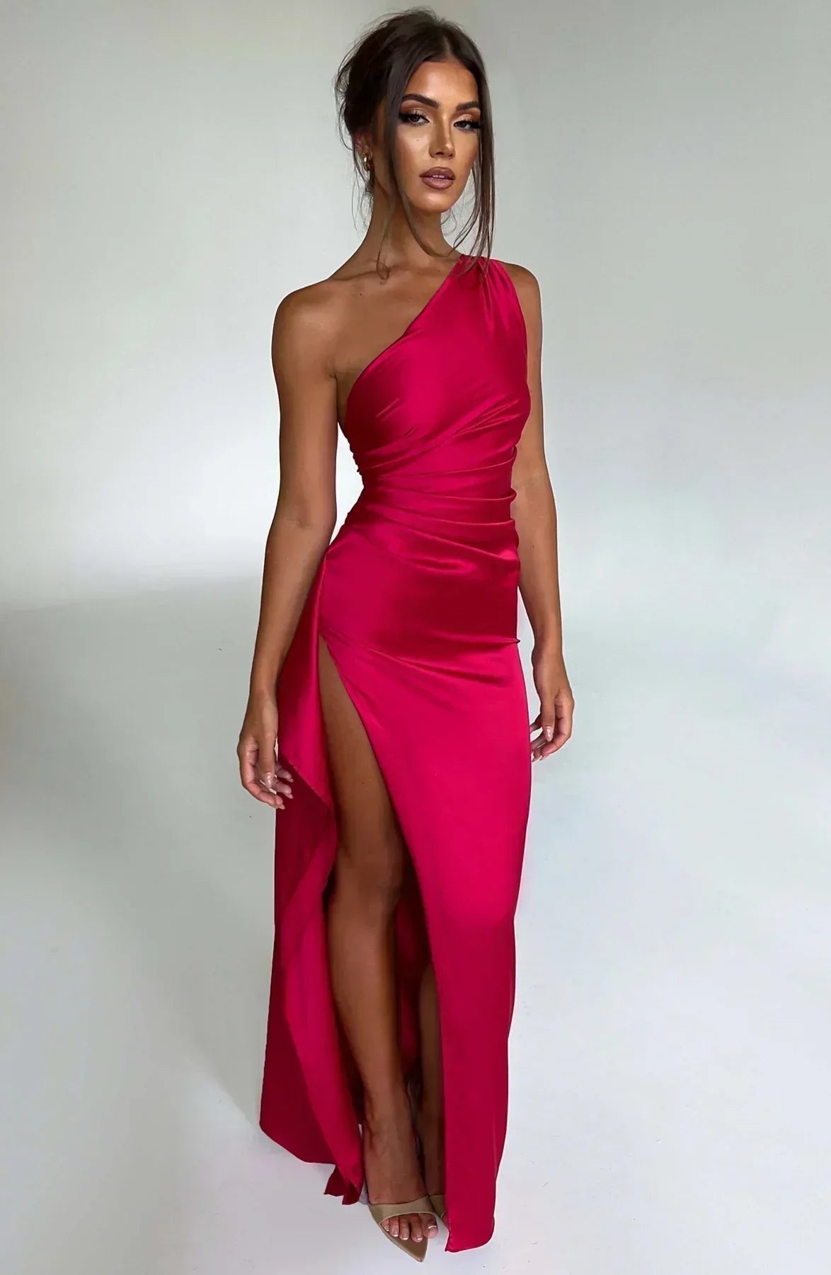 Women's One-Shoulder Ruched High-Slit Maxi Dress