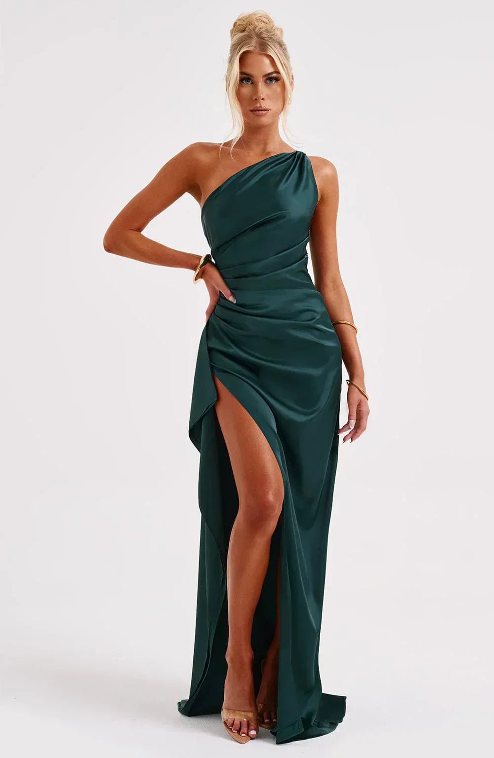 Women's One-Shoulder Ruched High-Slit Maxi Dress