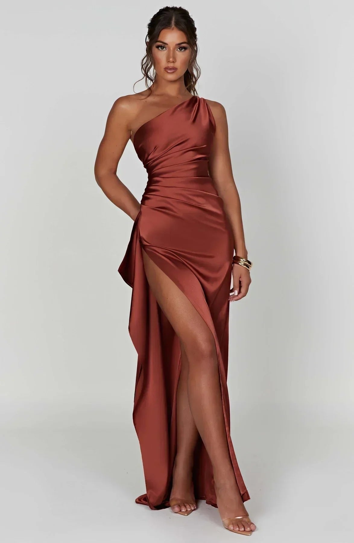 Women's One-Shoulder Ruched High-Slit Maxi Dress