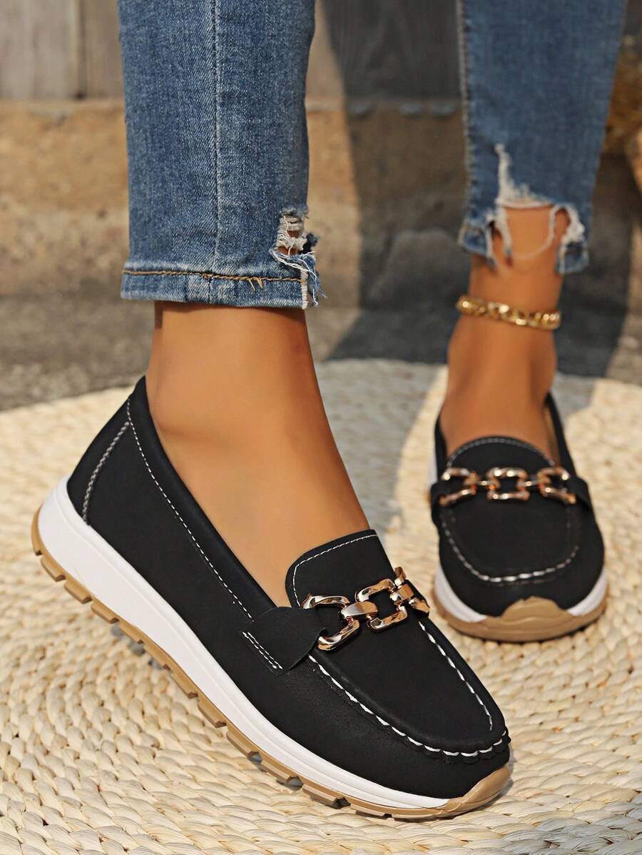 Women's Orthopedic Slip-On Loafers with Gold Buckle and Non-Slip Flat Sole