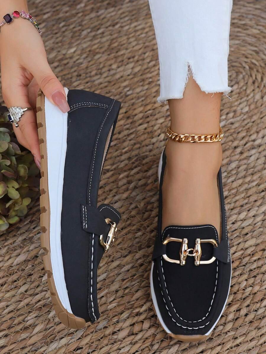 Women's Orthopedic Slip-On Loafers with Gold Buckle and Non-Slip Flat Sole