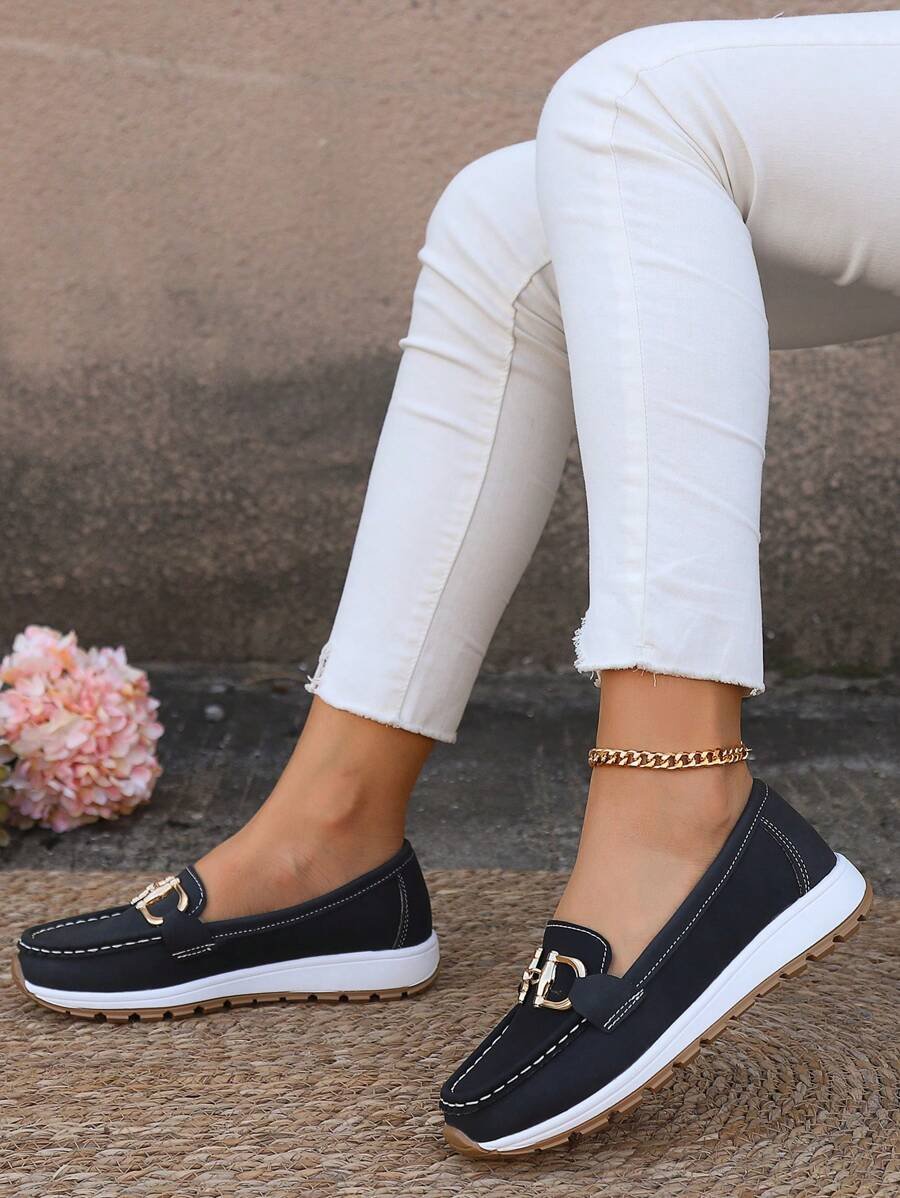 Women's Orthopedic Slip-On Loafers with Gold Buckle and Non-Slip Flat Sole