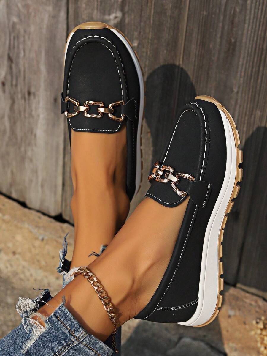 Women's Orthopedic Slip-On Loafers with Gold Buckle and Non-Slip Flat Sole
