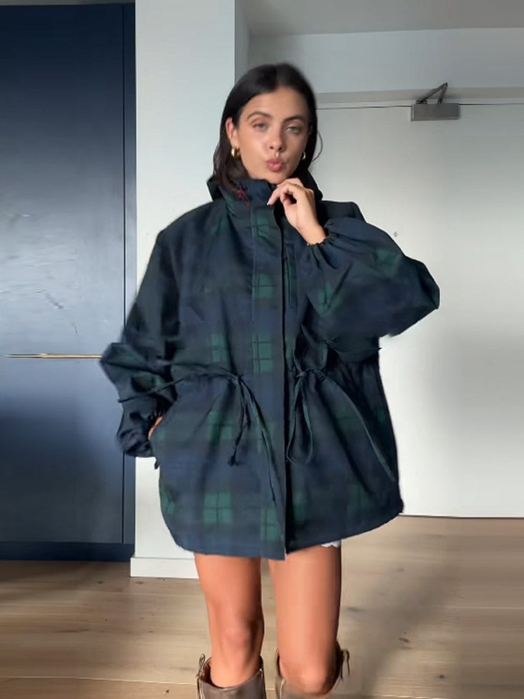 Women's Oversized Casual Plaid Jacket with Practical Pockets and Drawstring Waist