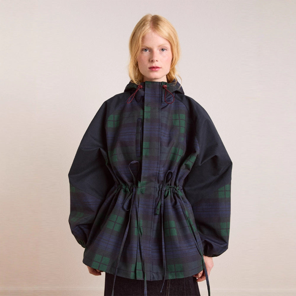 Women's Oversized Casual Plaid Jacket with Practical Pockets and Drawstring Waist