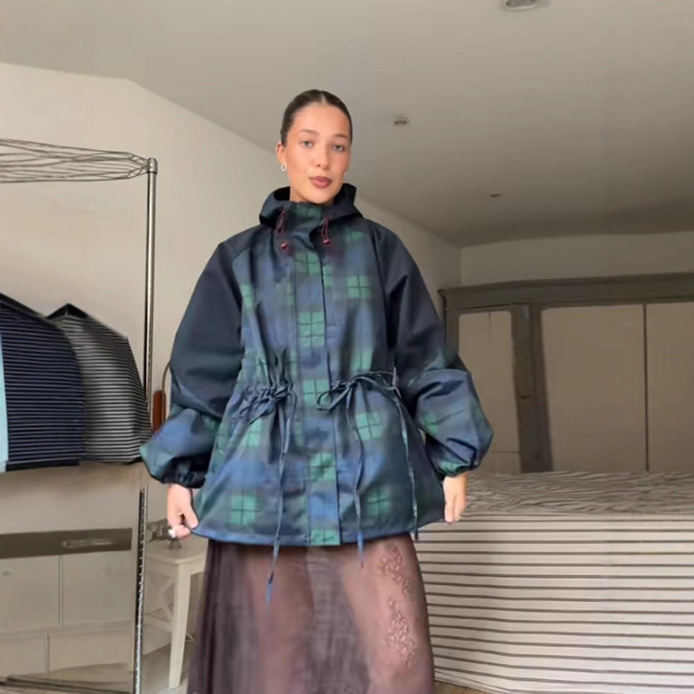 Women's Oversized Casual Plaid Jacket with Practical Pockets and Drawstring Waist